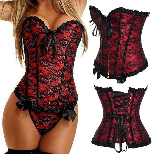 Mujeres Negro Sobrebusto Deshuesado Corsé Top Burlesque Vasco Con Cordones Disfraz Talla 6-24 - Imagen 25 de 44