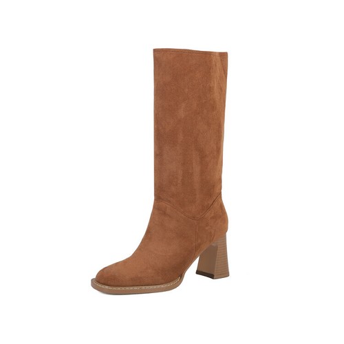 Womens Fashion Faux Suede Square Toe Block Heel Mid Calf Slouchy Boots Shoes - Picture 14 of 14