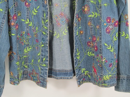 DRAPERS & DAMONS Denim Jacket Medium Petite Open Blazer Floral Embroidery Retro - Picture 4 of 18