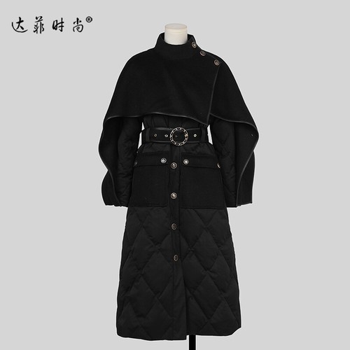 Winter New Stand Up Collar Splicing Slim Waist Single Breasted Long Down Jacket - Picture 2 of 20