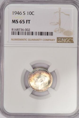 1946 S TONED Roosevelt Dime NGC MS 65 FT MS65FB Toning Coin 10C - Picture 3 of 4