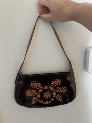 Ladies Leather Purse Brown Embossed Flowers Hobo Small Festival Boho Bag - Bild 2 von 4
