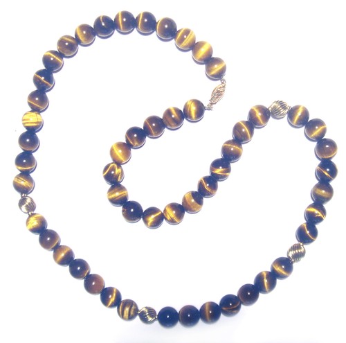 BELLISSIMA antica COLLANA di PERLINE OCCHIO DI TIGRE ORO 14k e 9,5mm lunga 77 grammi 23,5" - Foto 1 di 3