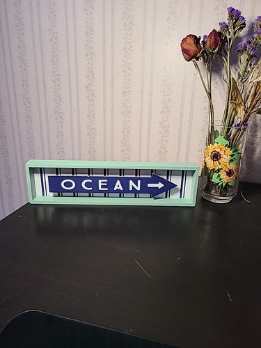 OCEAN Directional Sign Modern Coastal Beach ARROW Blue Mint Vertical Stripes NEW - Picture 1 of 12