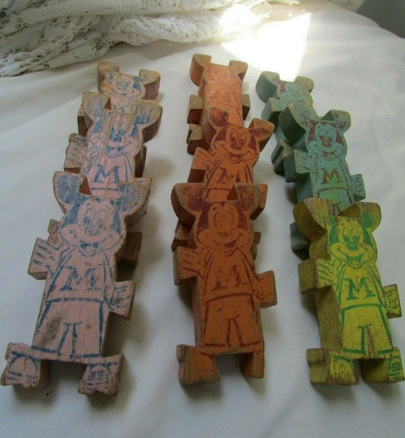 Interlocking VINTAGE WOOD MICKEY MOUSE Blocks 9 Pieces eBay