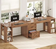 96.5" Farmhouse Computer Desk with 3 Drawers and Storage Shelves for Home Office