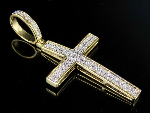 Men's 10K Yellow Gold 2 Rows Genuine Diamond Cross Pendant Charm 0.12 Ct 1.5"