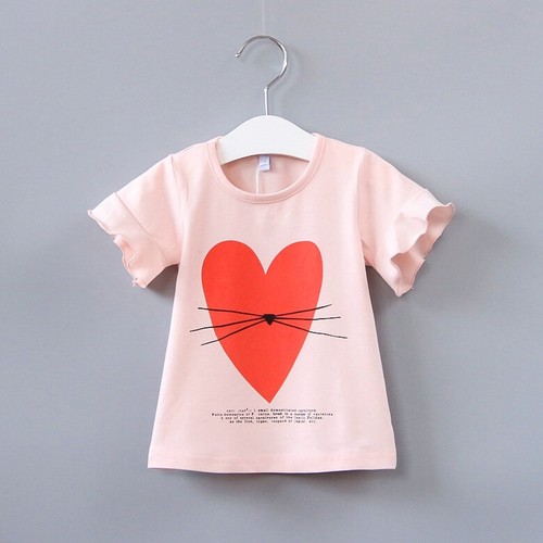 US Stock Toddler Girls' Ruffle Short Sleeve Crewneck Heart Designed Top T-Shirt - Picture 4 of 9