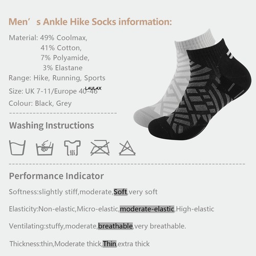 men hiking walking socks breathable Ankle Non-slip boots black grey 2 pairs - Picture 5 of 8