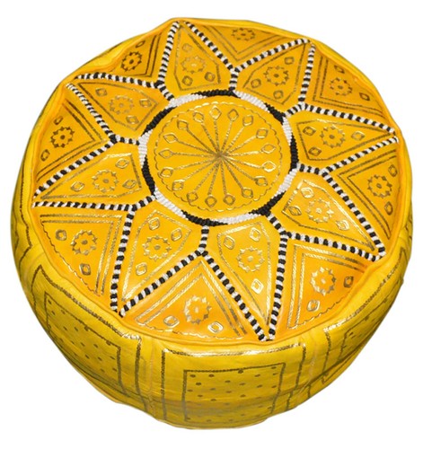 Pouf Moroccan Hassock Poof Handmade Leather Ottoman Footstool Medium Yellow - Picture 3 of 4