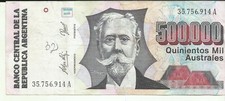 ARGENTINA 500000 AUSTRALES P 338. VF CONDITION. 9RW 30DES