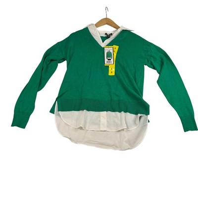 Hilary Radley Green Layered Look V-Neck Sweater White Collar Shirt Hem Small NEW