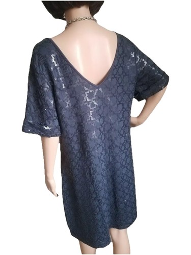 MONSOON Sequin Embellished Shift Dress L  Navy Blue Jersey VBack Short Sleeve - Picture 3 of 12