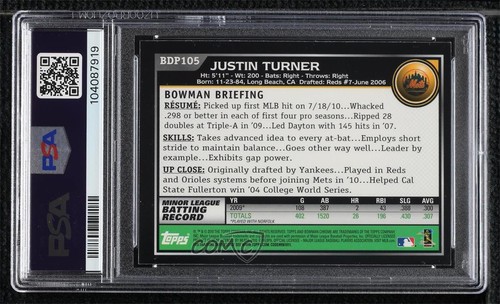 2010 Bowman Draft Chrome Justin Turner #BDP105 PSA 8 Rookie RC - Picture 2 of 3