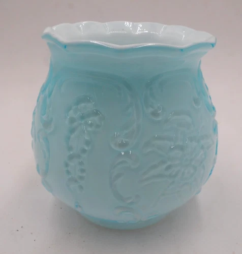 Fenton Powder Blue Overlay Glass Wild Rose & Bowknot Bow Knot Vase 4 3/4" Tall