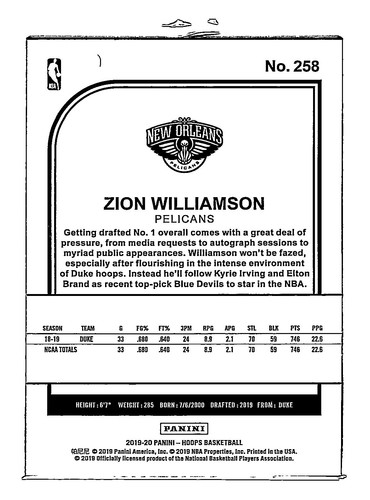 2019-20 Hoops Winter #258 Zion Williamson RC Rookie VAR - Foto 2 di 2