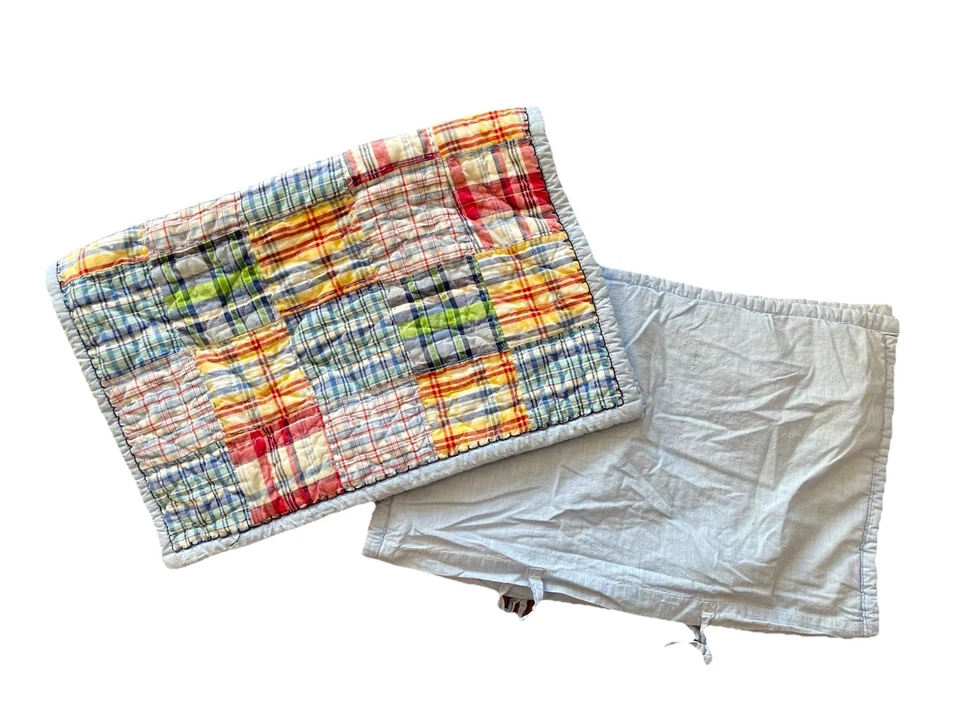 2 POTTERY GRANERO NIÑOS MADRAS CUADROS AZUL ROJO RETAZOS STD ALMOHADA SHAM Chambray Foto 4 de 4