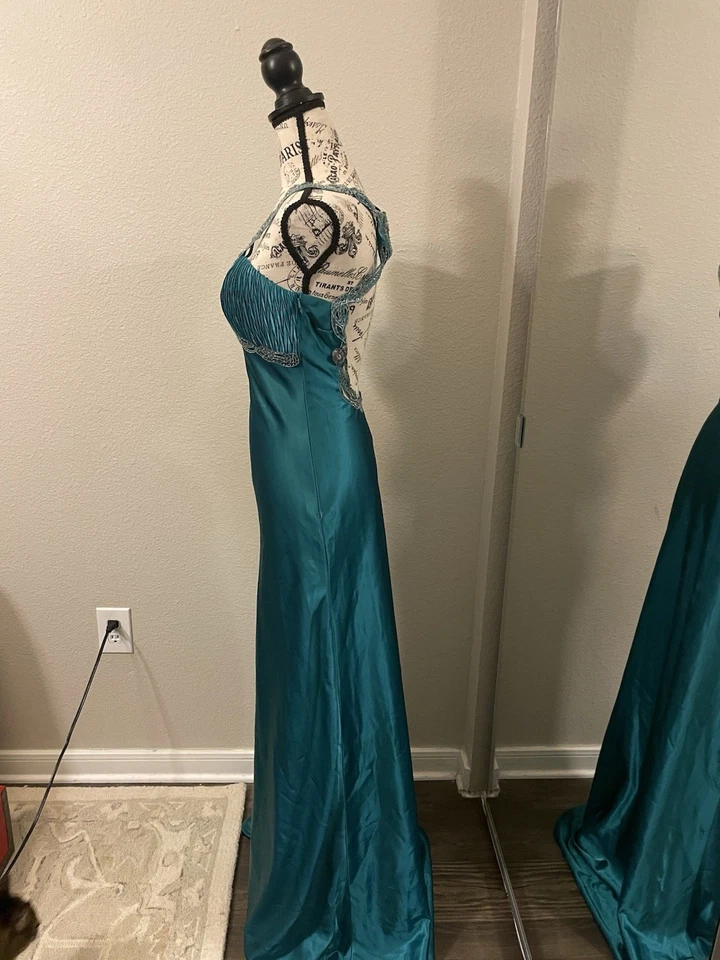 Vestido de noche verde azulado satinado con cuentas espalda abierta graduación vestido formal Y2K Fairycore acanalado Foto 4 de 4