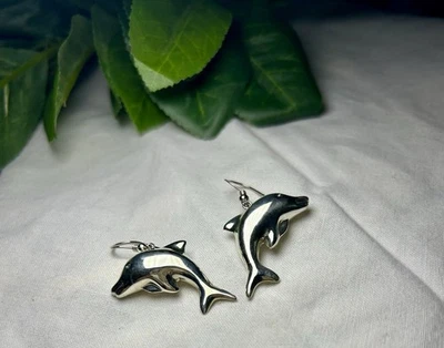 Vintage 1980s Sterling Silver Puffy Dolphin Dangle Earrings 925 Estate Find - Image 1 of 2