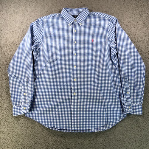 Polo Ralph Lauren Shirt Men XL Blue White Gingham Plaid Check Slim Fit Pink Pony - Picture 2 of 13