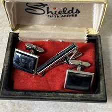 Vintage 60s Swank Square Cufflink Set Shirt and Tie Clip Black Onyx Silver Tone