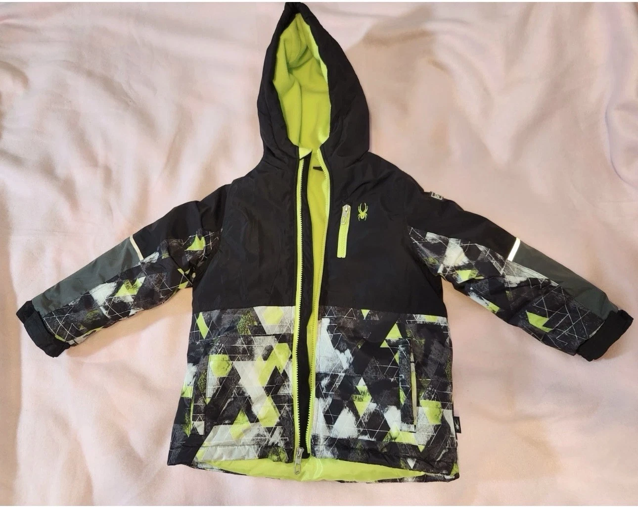 SPYDER Boys Snow Winter Jacket Black Gray Neon Yellow Ski Coat Full Zip Sz 4T