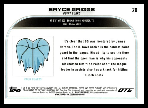 2022-23 Topps Chrome Overtime Elite RayWave OTE #20 Bryce Griggs Cold Hearts - Picture 2 of 2