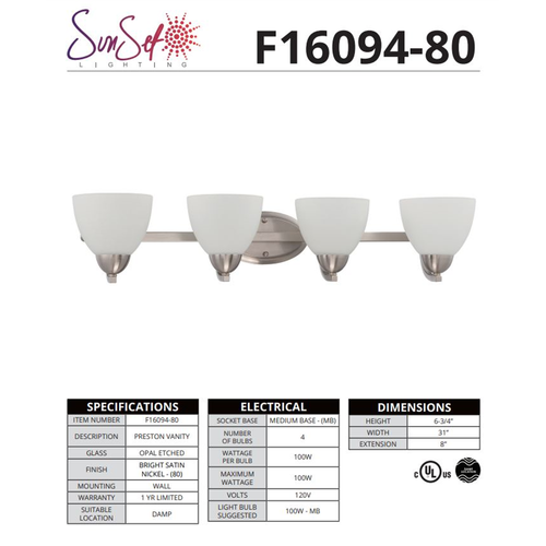 Sunset Preston 4-Light Silver Bathroom Vanity Light Bright Satin Nickel F16094- - Picture 2 of 2