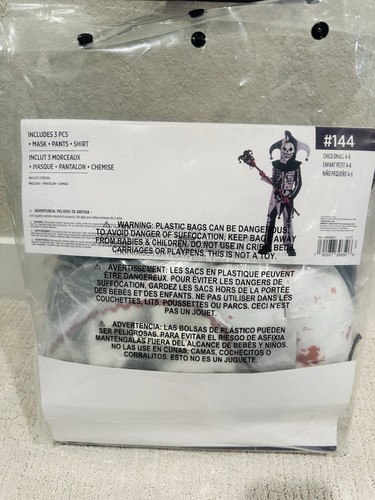 New Scary Menacing Jester Clown Suit Skeleton Childs Halloween Costume Sz SM 4-6 - Picture 4 of 6
