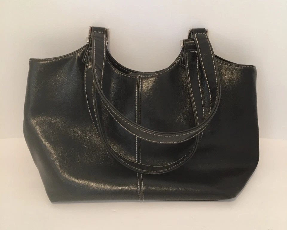 St John's Bay черная кожаная сумка винтажная 3 отделения застежка 9,5» W - Изображение 2 из 4