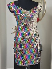GUESS Los Angeles Rainbow Silver Flip Sequin Bodycon Dress Clubwear Party Size 8