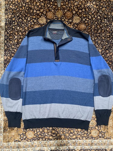 Vintage Paul and Shark Wollpullover 1/4 Reißverschluss blau grau Streifen Ellenbogen Patches Herren M - Bild 1 von 12
