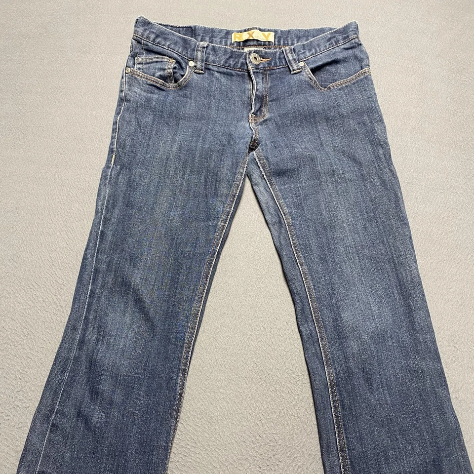 VTG Roxy Jeans Womens 7 Blue Sunset Beach Flare Fit Stretch Denim Mid Wash Y2K - Image 2 of 4