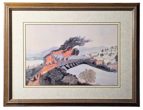 Grandma Moses Print The Burning Of Troy 1862 Lithograph Framed Signed In Print - Picture 2 of 7