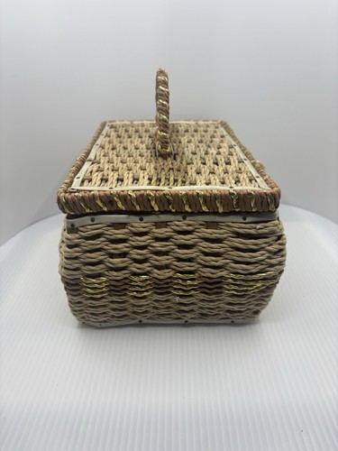 Vintage Dritz Nähkorb Box Korbgeflecht Japan 10”x7”x4” Aufbewahrung rosa Seide innen - Bild 5 von 8