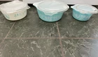 Pyrex Amish Butterprint 3pc Round Glass Casserole Set w/ Lids Turquoise/White