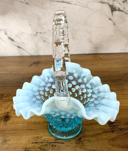 Fenton Blue Opalescent Hobnail Small Basket Ruffled Glass w Handle Vintage