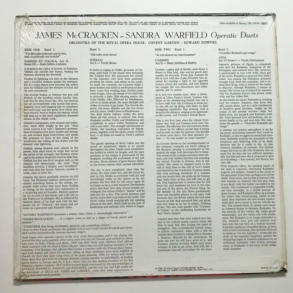 JAMES McCRACKEN: SANDRA WARFIELD: Othello Carmen Aida  (Vinyl LP Record Sealed) - Image 2 of 2