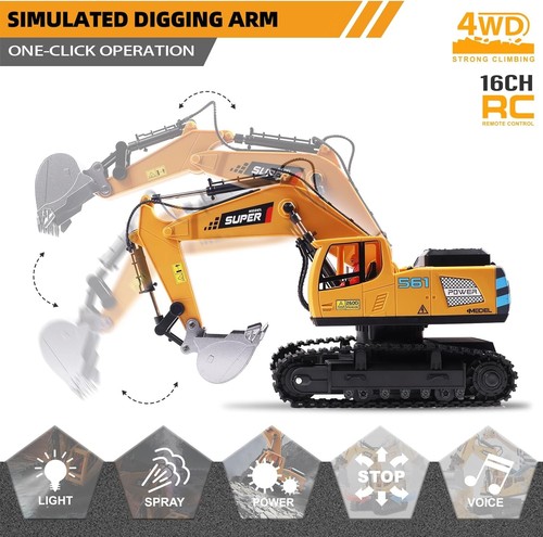 Remote Control Excavator Toys for Boys,16 Channel RC Yellow - Picture 2 of 9