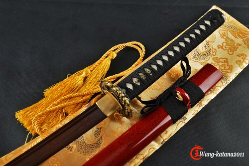 Red&Black Damascus Folded Steel Katana Japanese Samurai Handmade Practical Sword - Picture 9 of 12