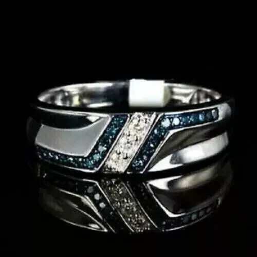 1 Ct Round Cut Lab Created Blue Diamond Men's Silver Ring 14K White Gold Plated - Picture 6 of 6