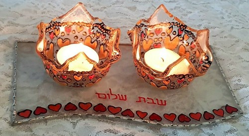 Shabbat Candlesticks, Glass Candleholder, Red Hearts Hand Painted, Birthday Gift - Picture 8 of 16