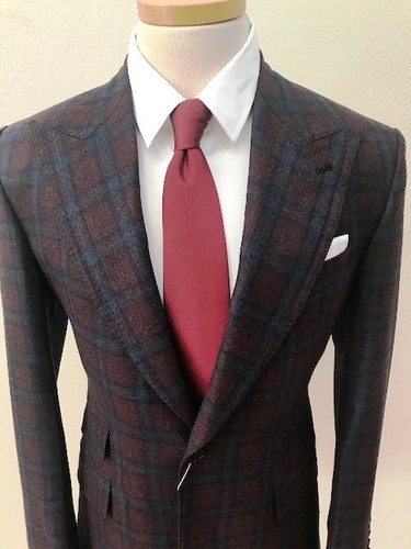Burgundy/blue super 150 winsor Cerruti double stitched peak lapel wool suit/vest - Picture 9 of 12