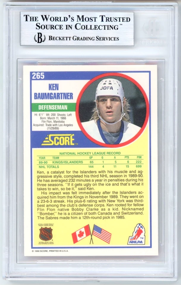 POP 1 Ken Baumgartner RC BGS 8.5+: 1990-91 Score Rookie Card Gisto #265 - Image 2 of 3