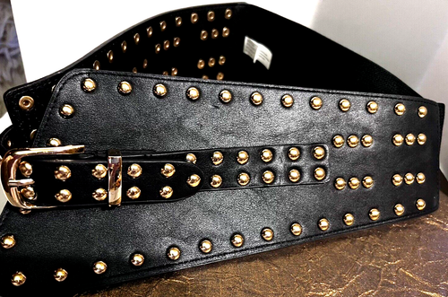 Women's Wide Black/Gold Tone Studs Irregular Shape Belt Stretchy Back M-XL Style