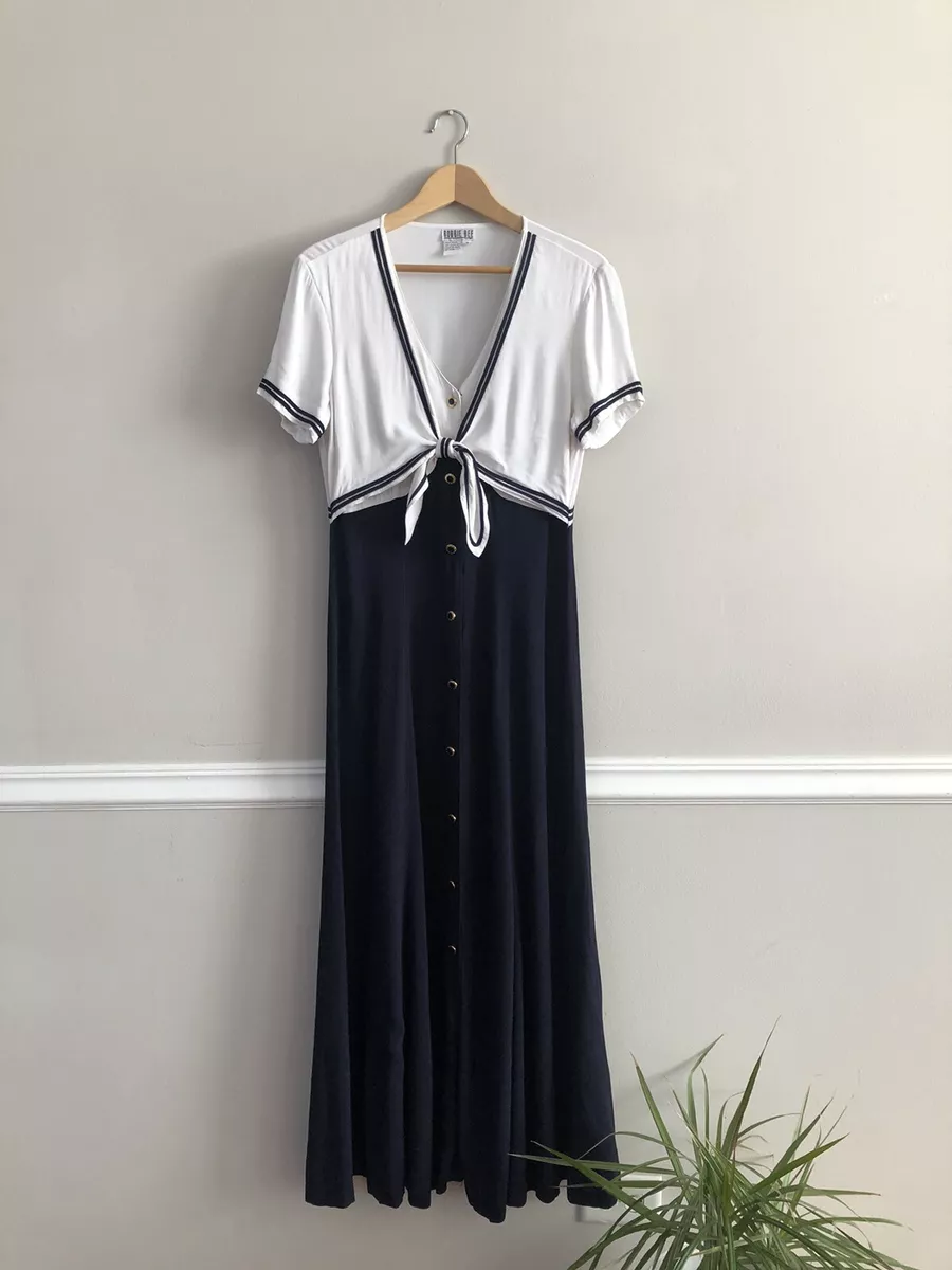 Vtg 90s ROBBIE BEE Nautical Sailor Maxi Dress Navy Empire Waist XS
