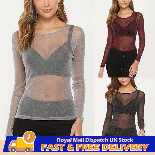 Women Mesh Sheer See-through T-Shirt Tops Glitter Club Party Beachwear Cover Up
