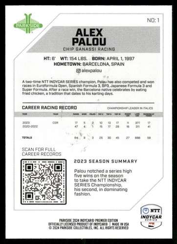 Signed 2024 Parkside IndyCar Premier Edition #1 Alex Palou Autographed - 第 2/2 張圖片