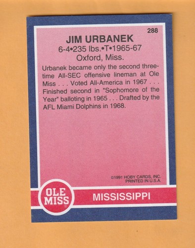 Jim Urbanek Mississippi Rebels 1991 Hobby SEC Stars #288 Oxford Ole Miss 6V - Imagen 2 de 2