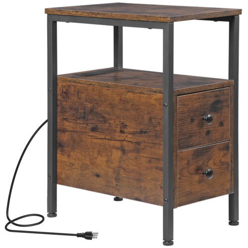 End Table with Charging Station Narrow Side Table w/ 2 Drawer & USB Ports Brown - Picture 16 of 24